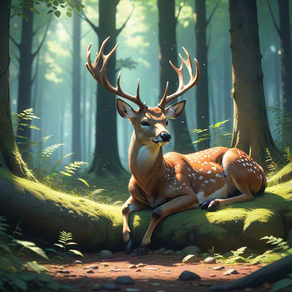 Detailed 3D Anime Deer Rests in Serene Forest