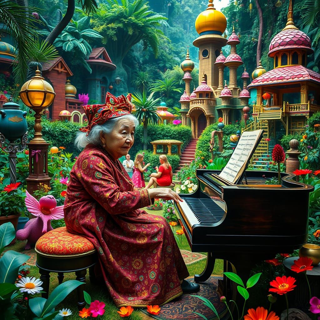 Whimsical Grandmother Plays Grand Piano in Lush Garden