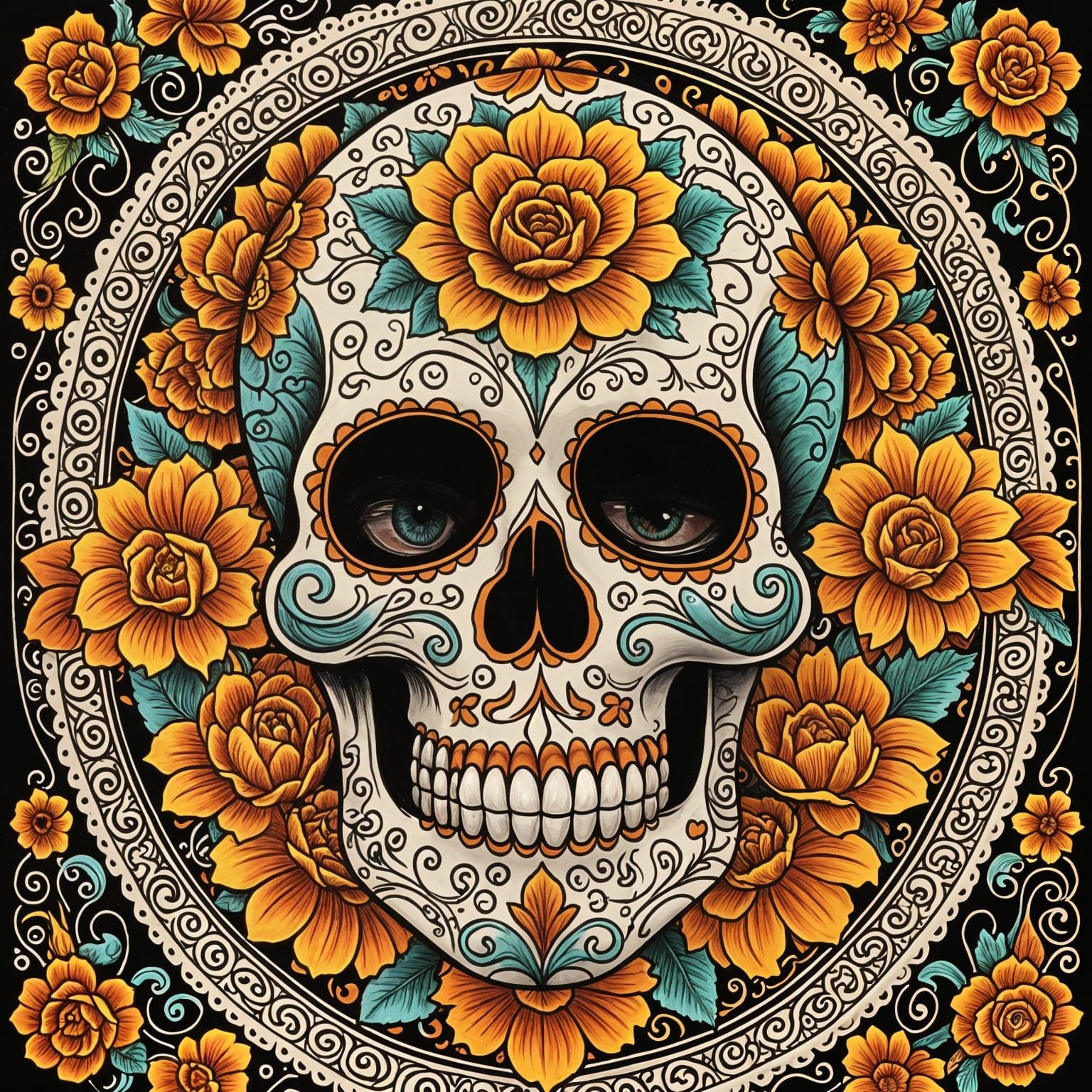 Vibrant Sugar Skull in Folk Art Style