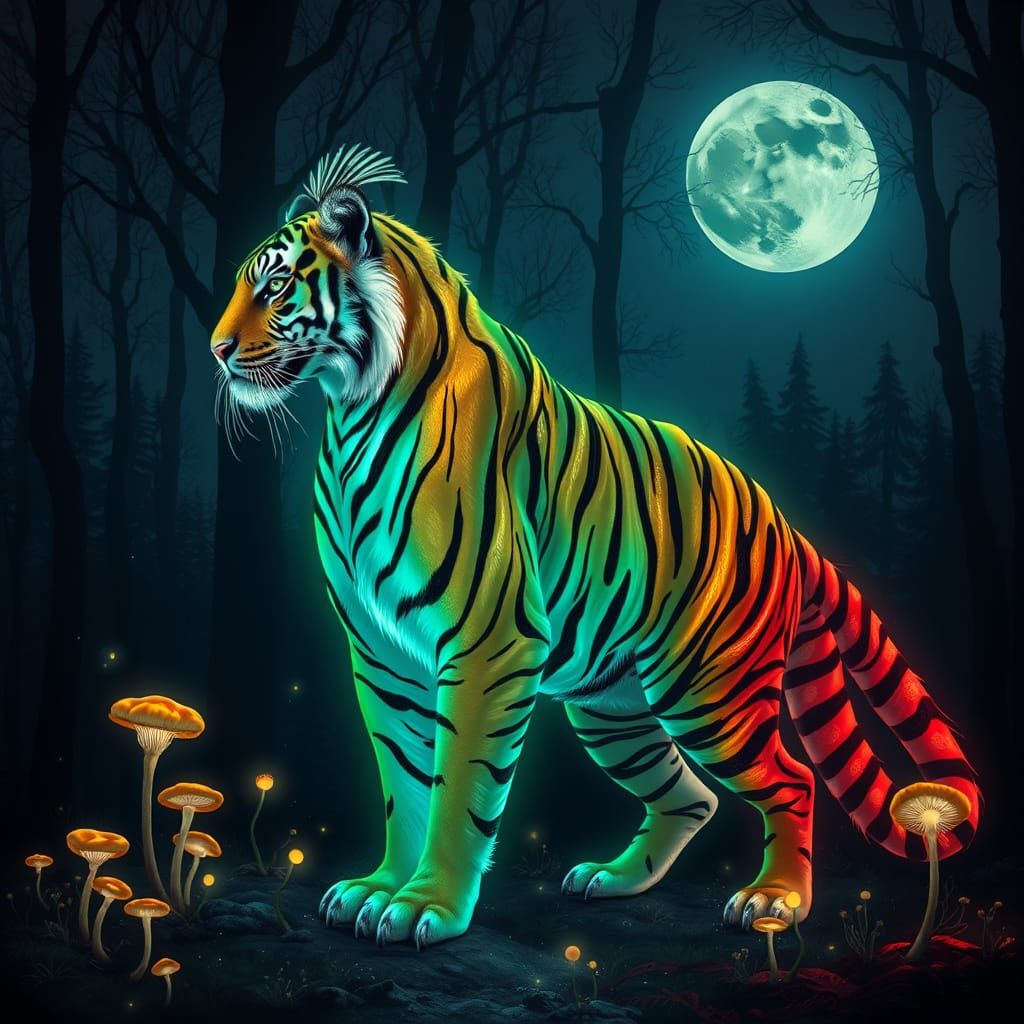 Cyberpunk Tiger Peacock Hybrid Glows with Ethereal Stripes