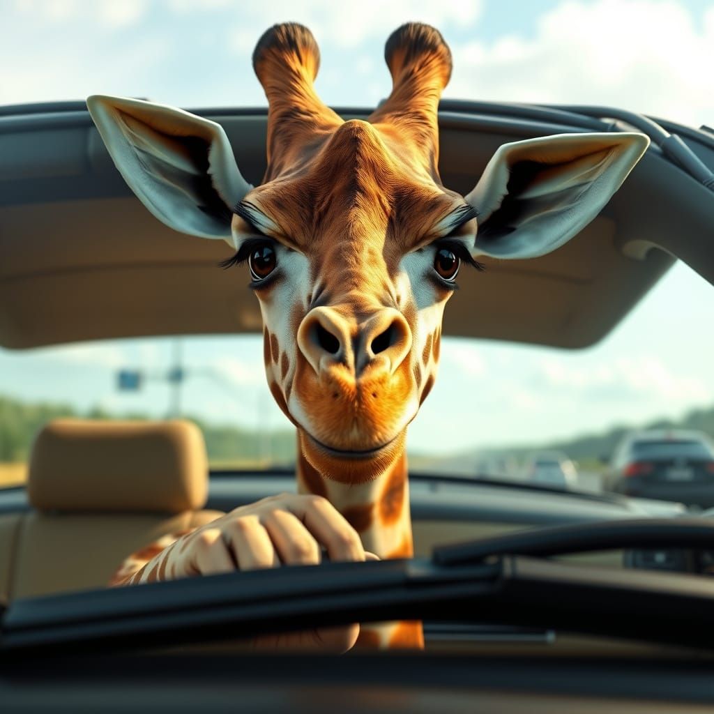 Frustrated Giraffe Driving in Traffic, CGI Art