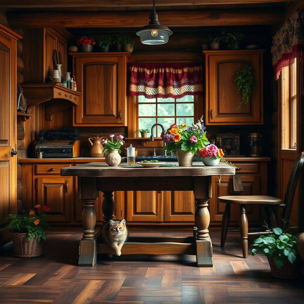 Rustic Cabin Kitchen with Kitten, Hyperrealistic Style
