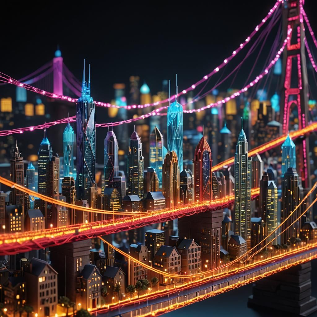 A hand made entirely out of vivid strings holding miniature metropolis created from vibrant strings: 8k hyperrealistic m...