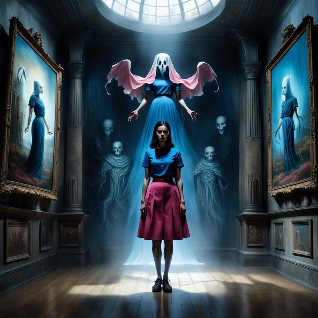 Girl in Dark Fantasy Scene Inspired by Beksiński