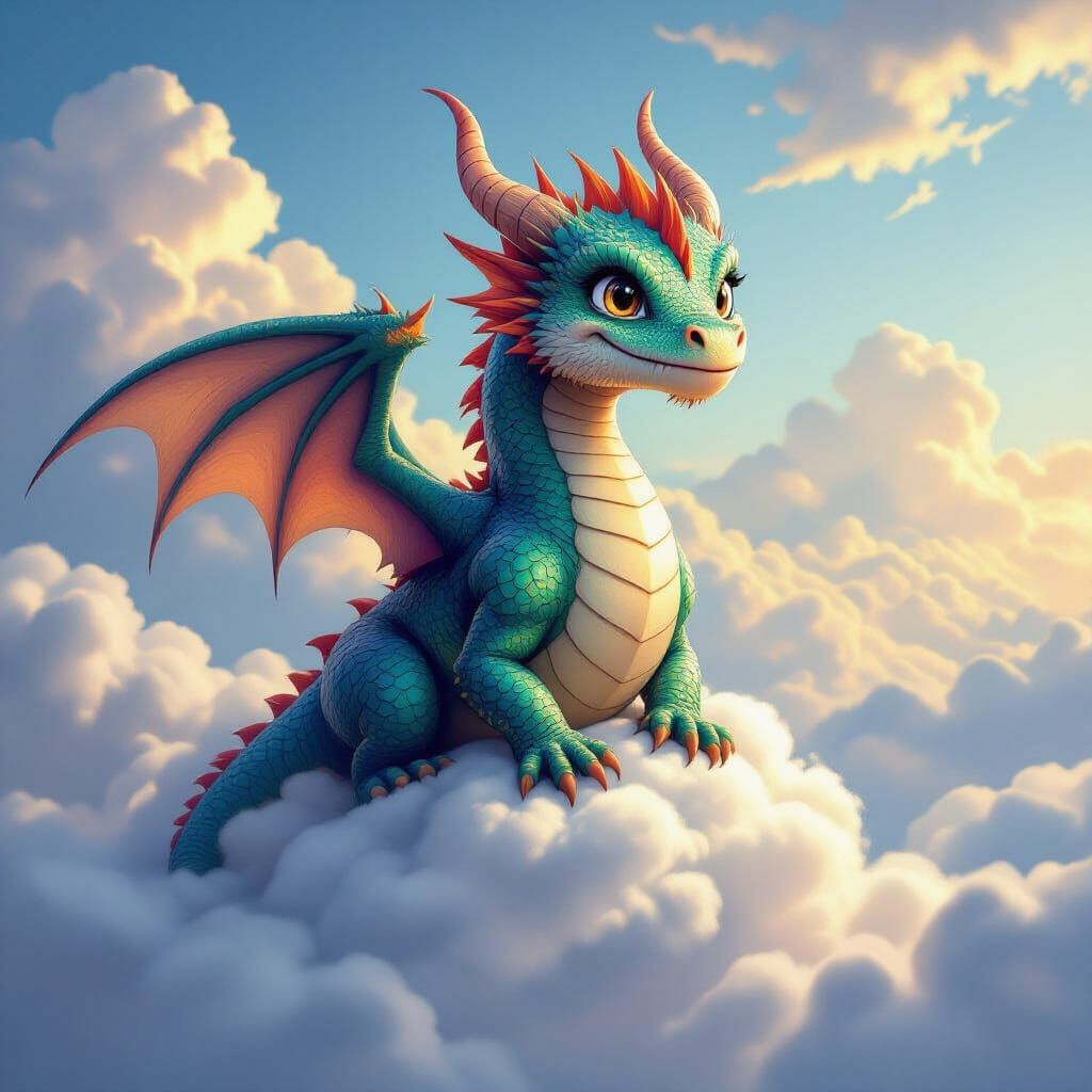 Ancient Dragon With Giant Smiling Head Perched On Cloud