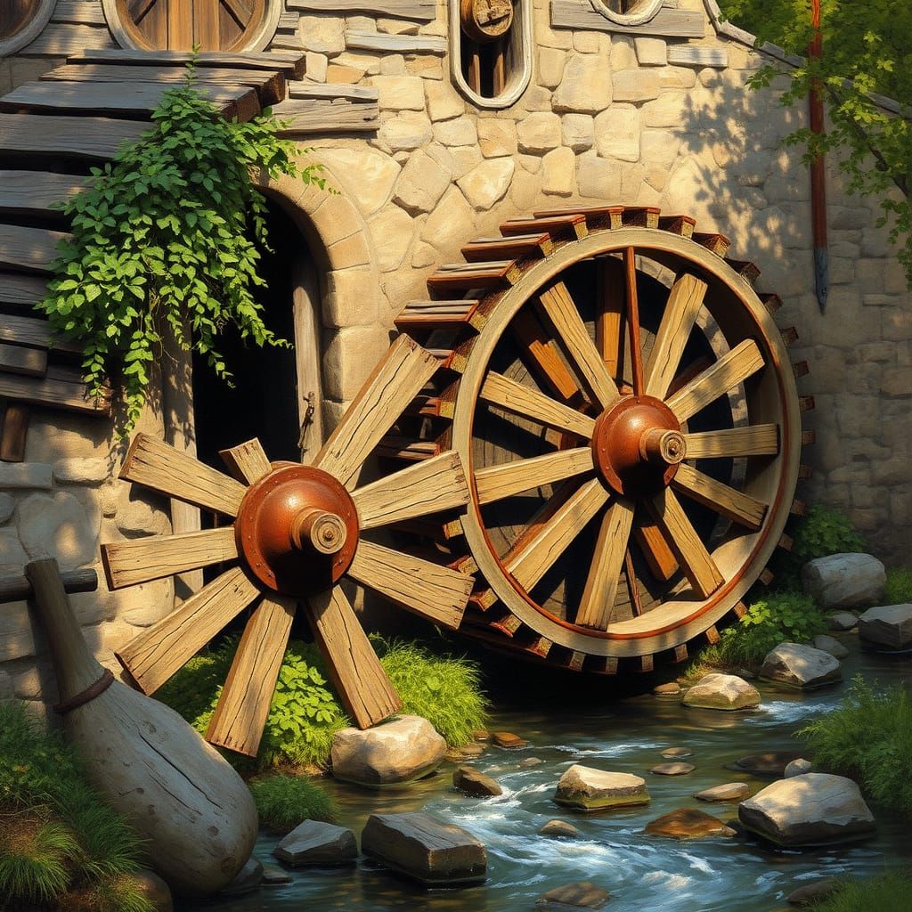 Rustic Waterwheel Scene in Impressionist Style