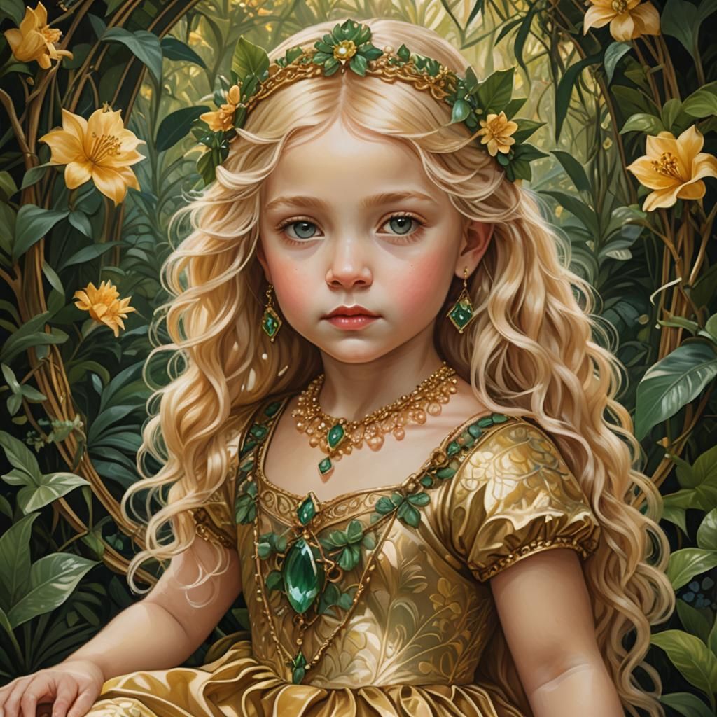 Renaissance Baby Girl in Jungle, Art Nouveau Oil Painting