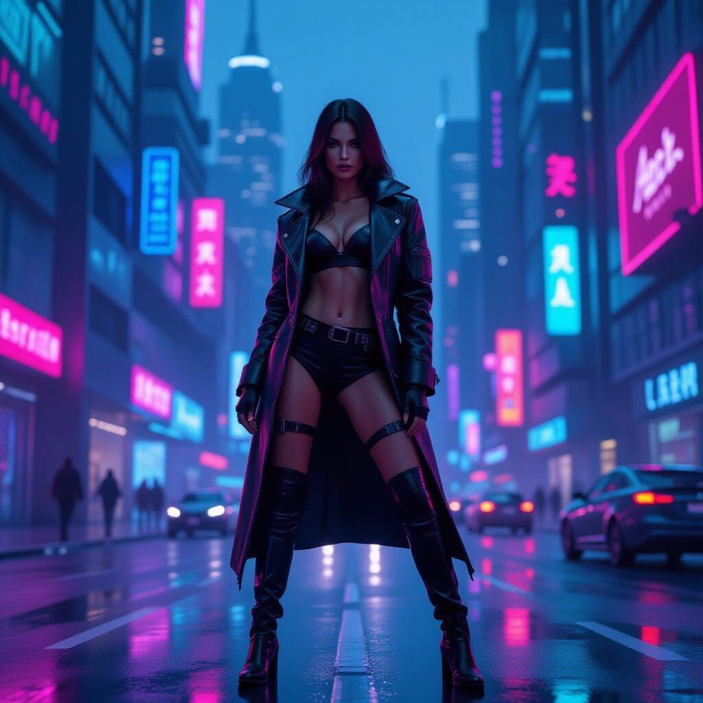 Futuristic Woman in Cyberpunk Cityscape
