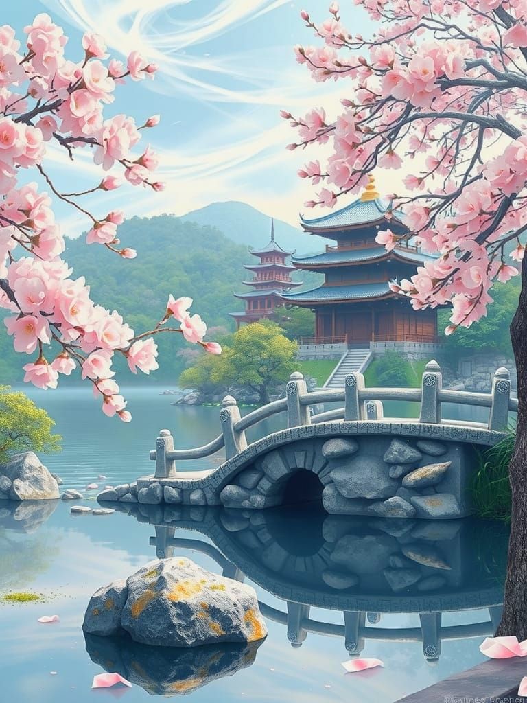 Dreamy Japanese Spring Scene with Whimsical Bridge and Cherr...
