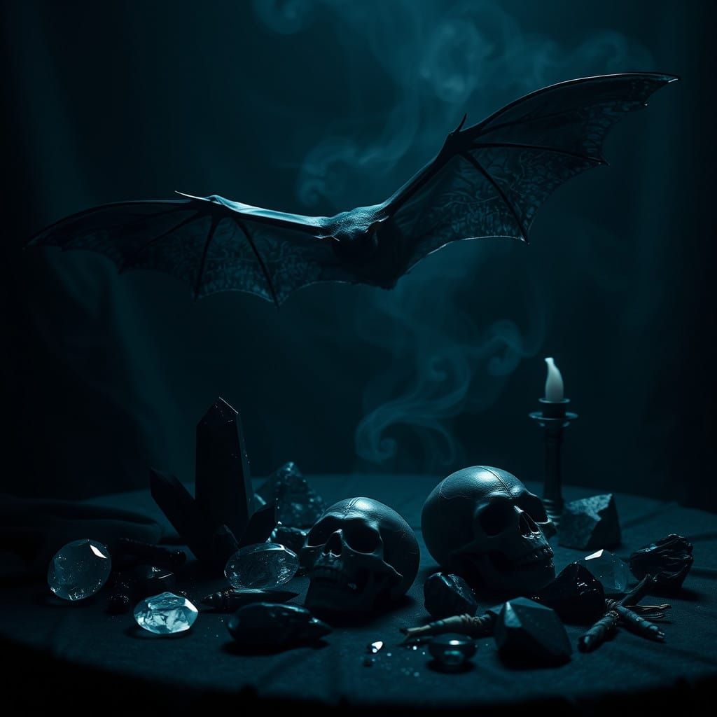 Ethereal Bat Soars Above Dark, Mysterious Scene