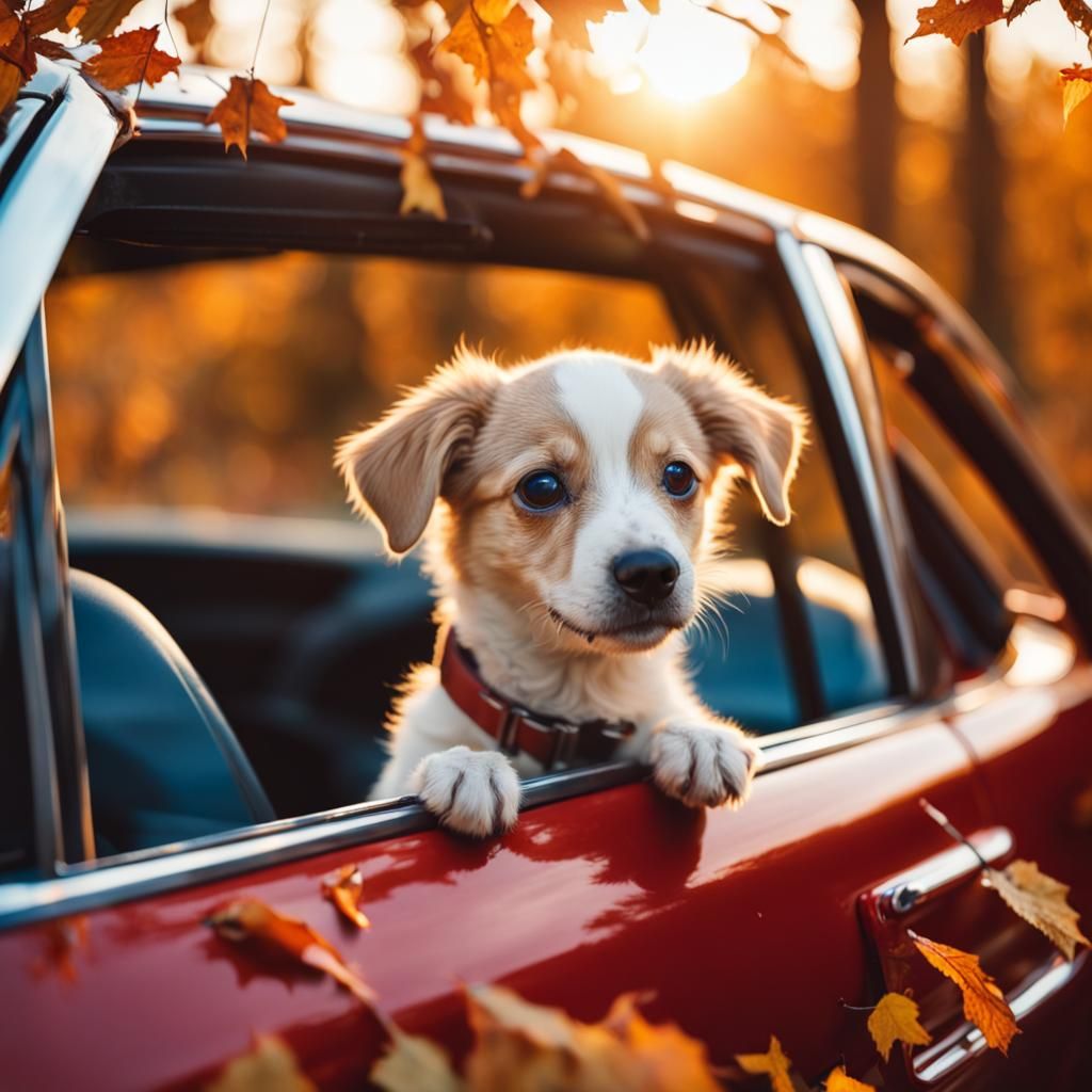 Adorable Puppy in Ferrari at Golden Hour