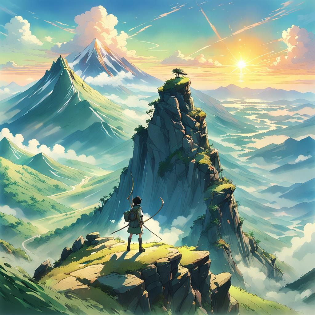 Heavenly Archer at Sunrise in Anime Style