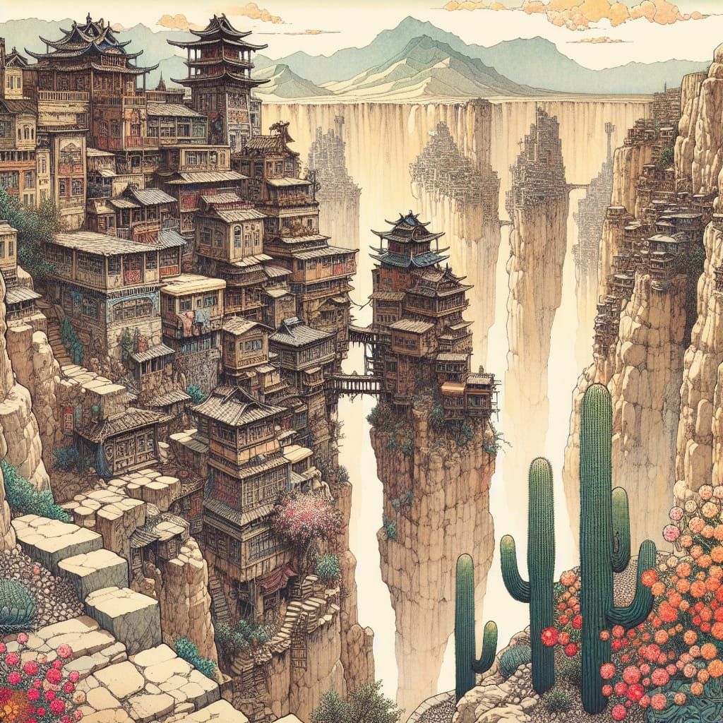 Desert Canyon Village: Russian-Japanese Fusion in Woodblock ...