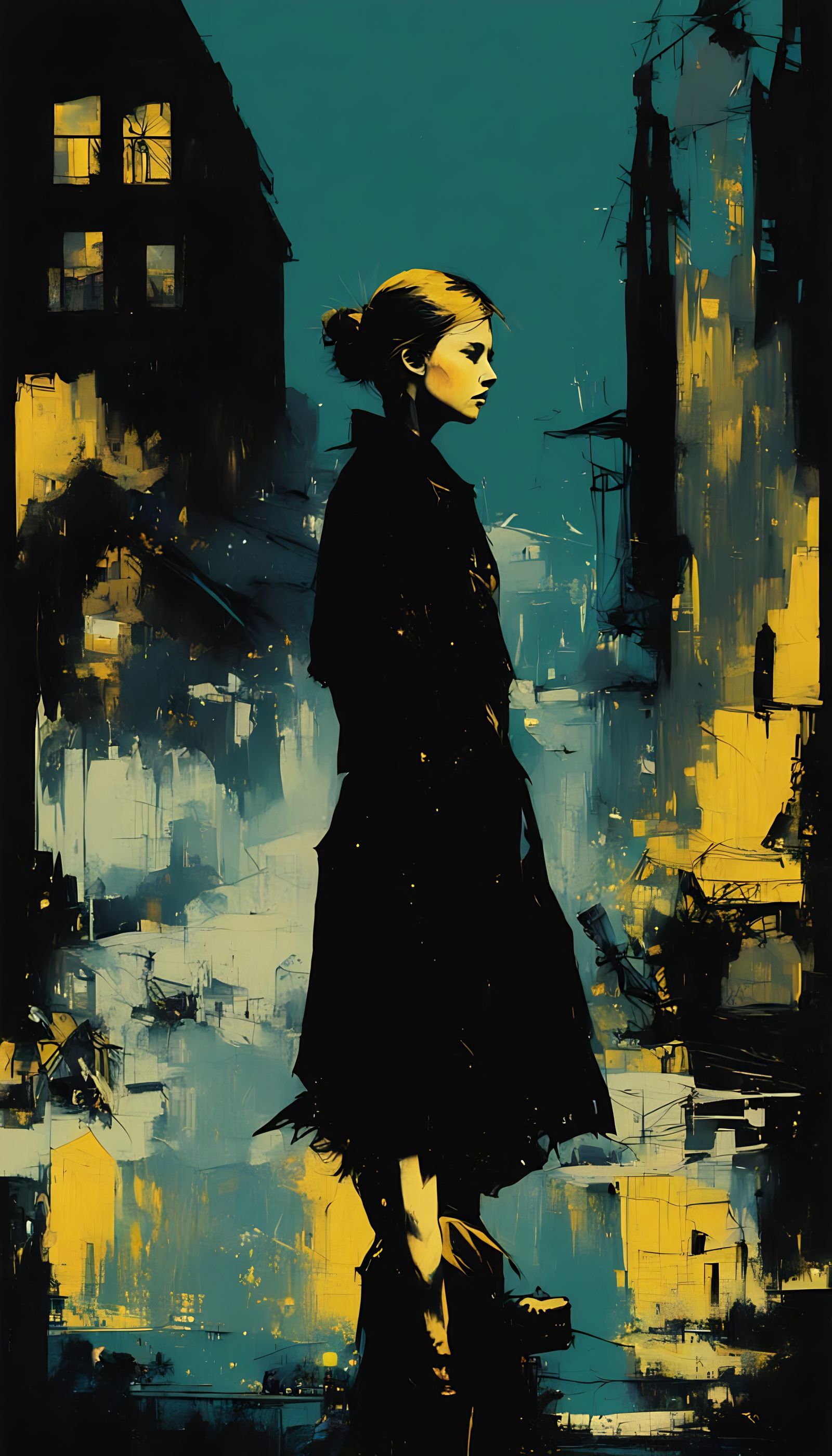 Urban Woman in Moody Blue and Yellow Hues