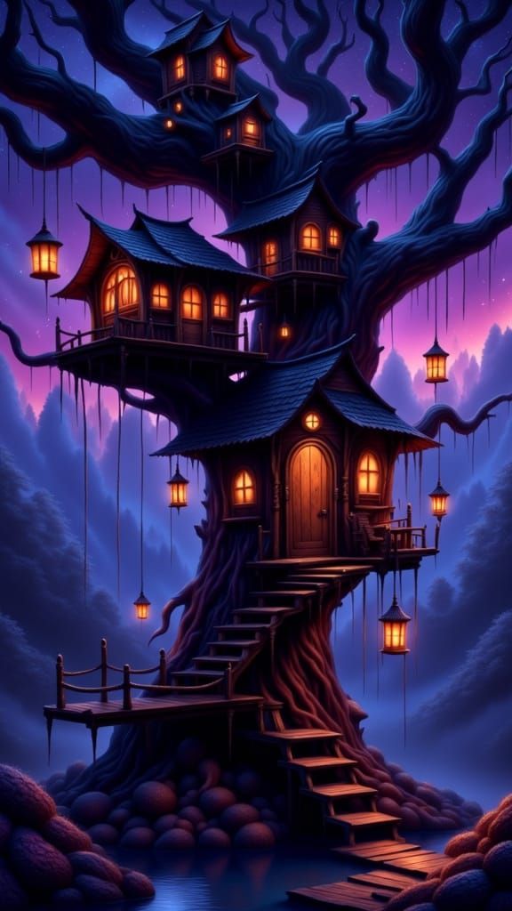 Whimsical Dark Fantasy Treehouse Amidst a Gnarled Ancient Tr...