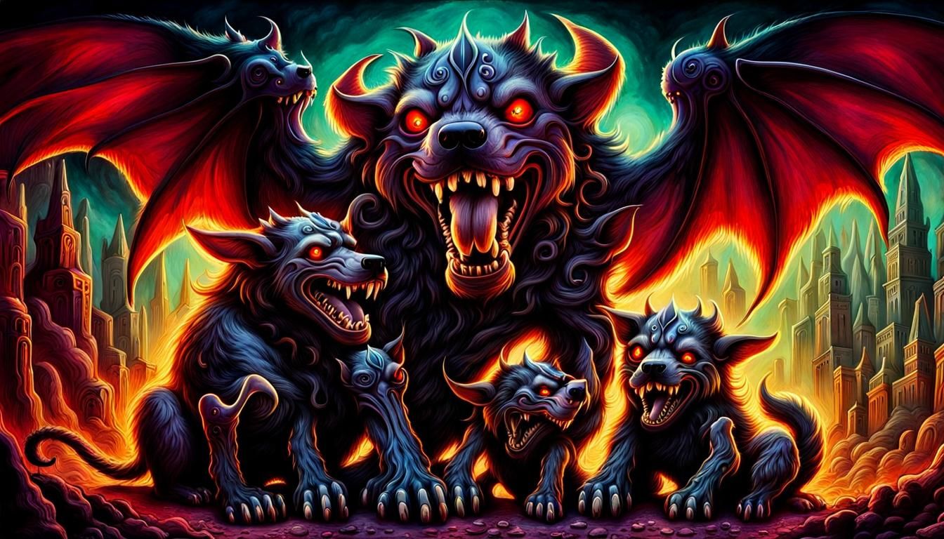 Cute Mythical Cerberus Belly Rub: Digital Illustration