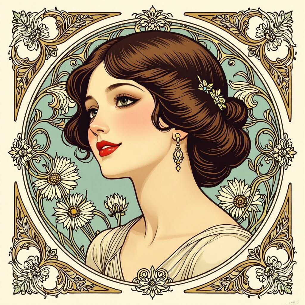 Elegant Woman with Chicory Frame in Art Nouveau Style