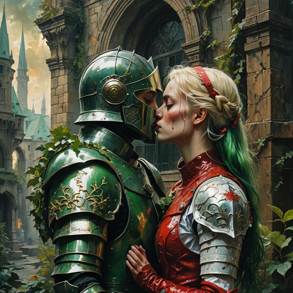Knights' Passionate Kiss in Dystopian Surrealism