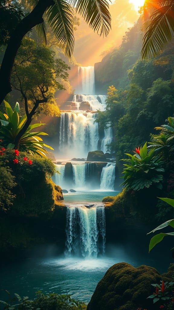 Lush Tropical Waterfall in a Vibrant Jungle Landscape