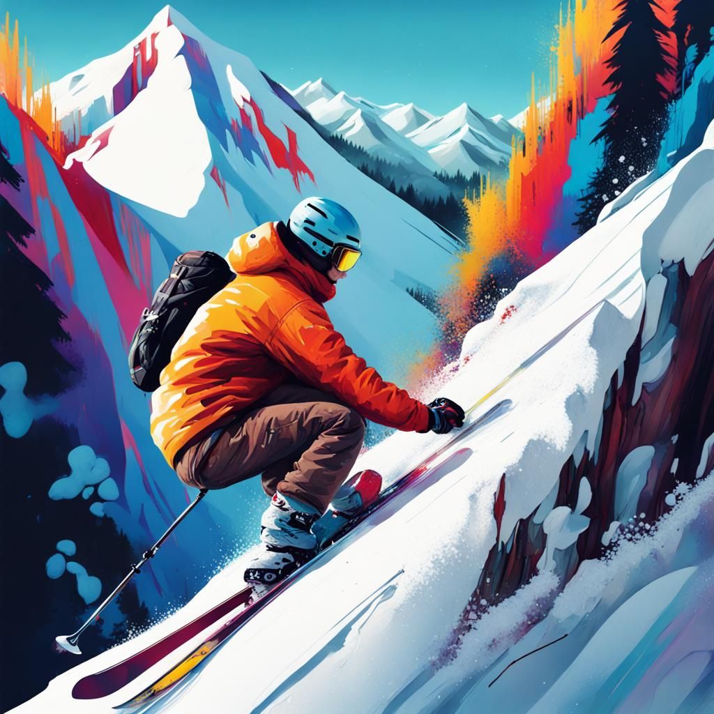 Skier on Snowy Mountain in Graffiti Art Style