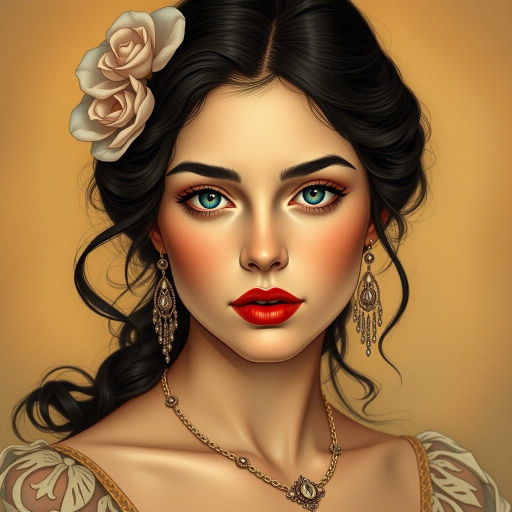 Elegant Woman with Piercing Eyes, in Art Nouveau Style