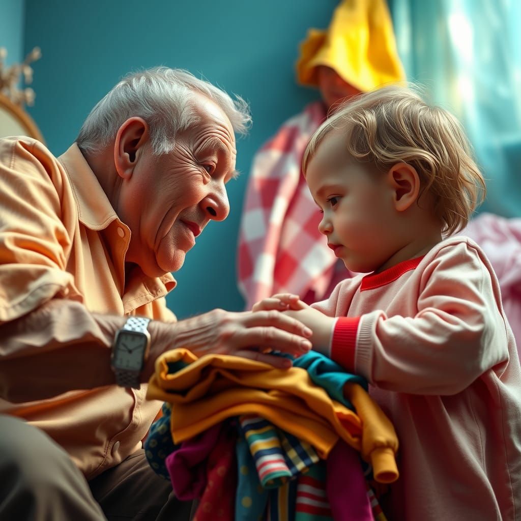 Grandparent Teaching Child to Fold Clothes