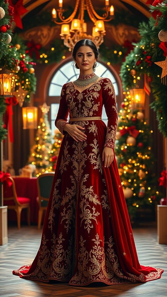 Stunning Hispanic Woman in Elegant Christmas Gown, Lavish In...