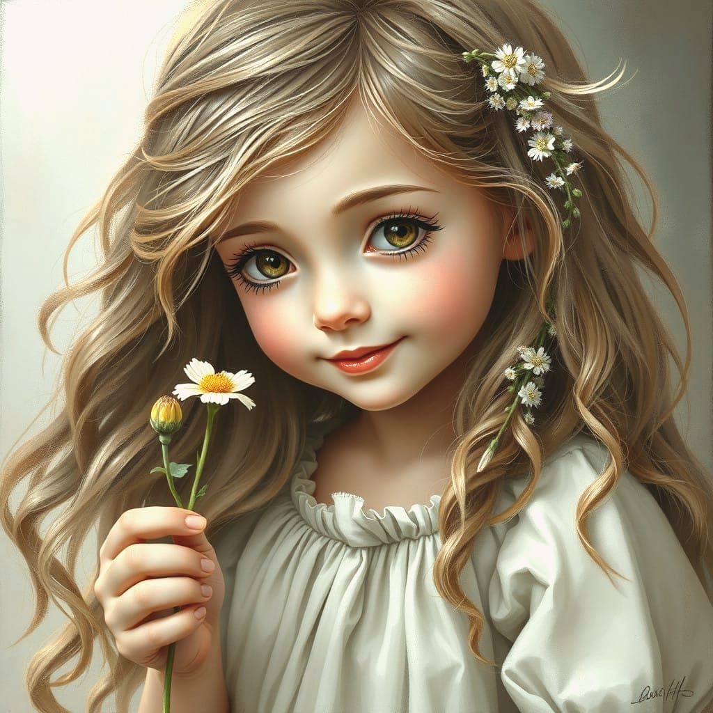 Ethereal Fantasy Painting of Boho Girl Smelling a Flower
