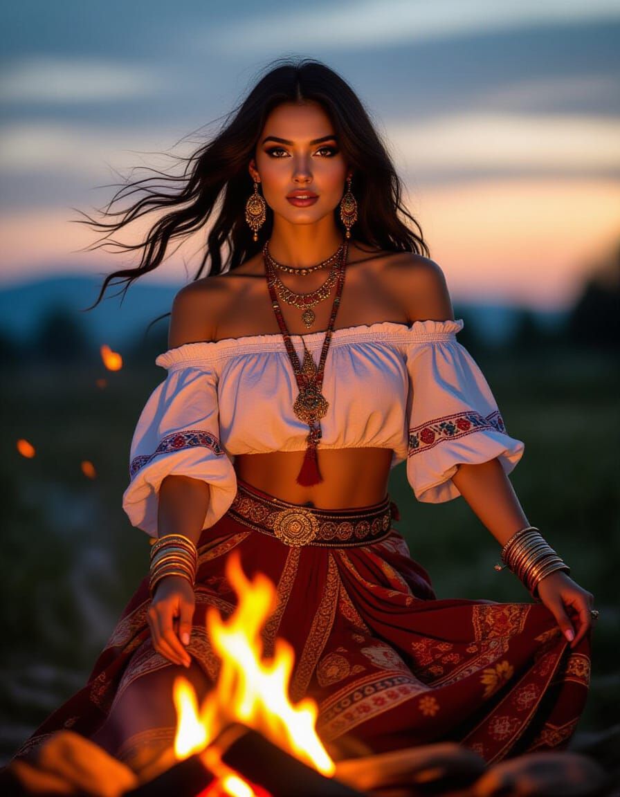 Romani Woman Dancing by Campfire in Warm Firelight