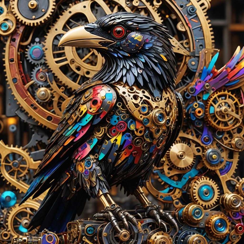 Rainbow Pixel Raven with Steampunk Engine