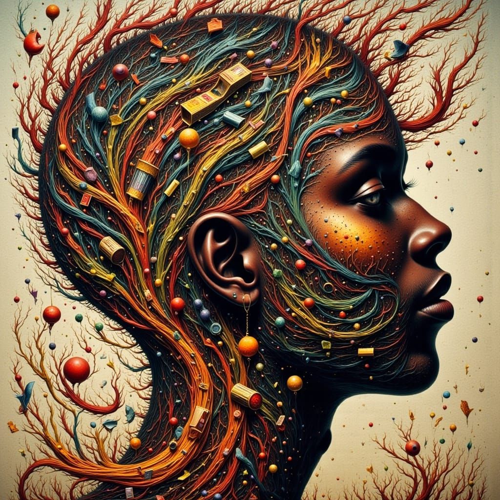 Whisky Music: Surreal Head Sculpture in Collage Style