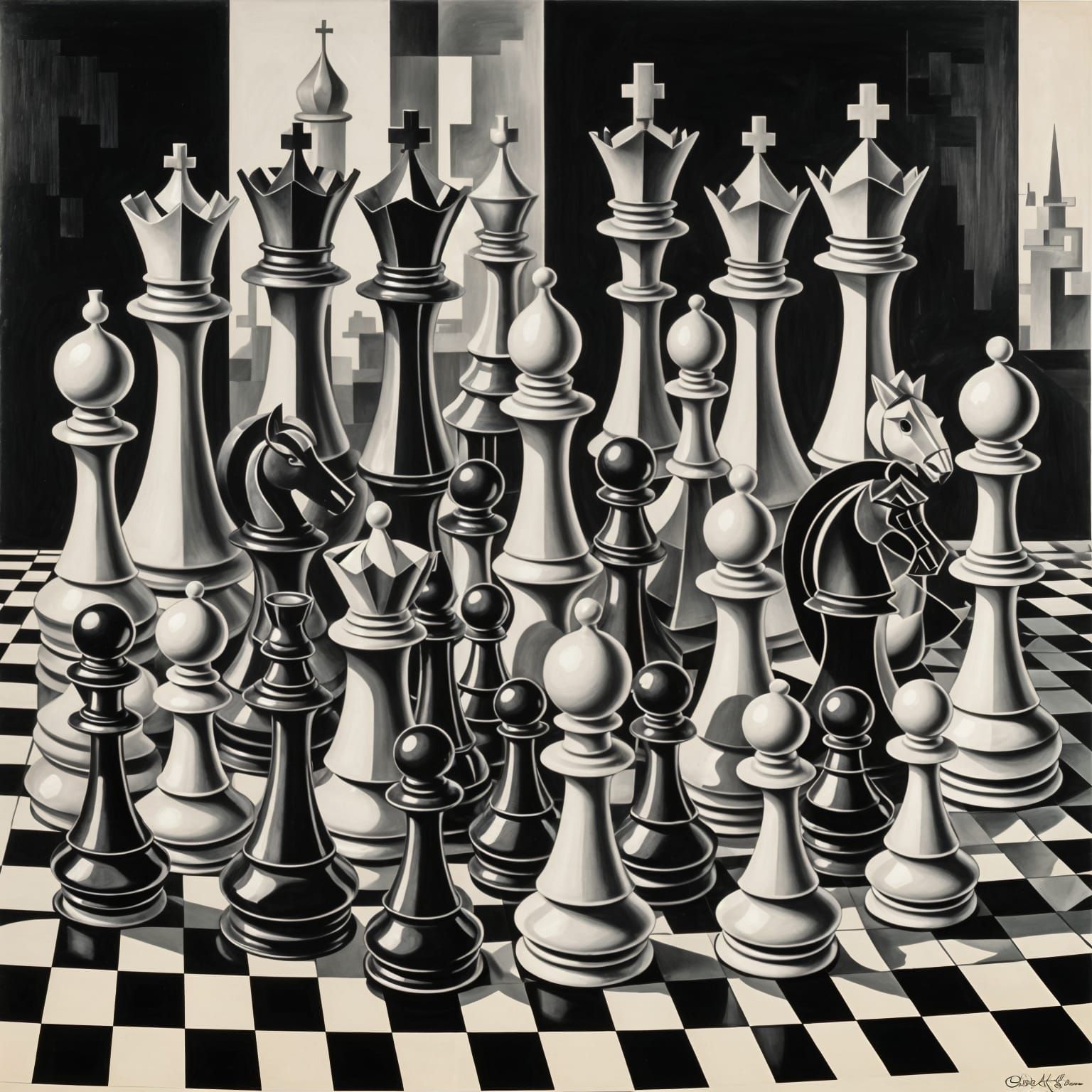 Abstract Cubist Chess Piece Composition in Black and White