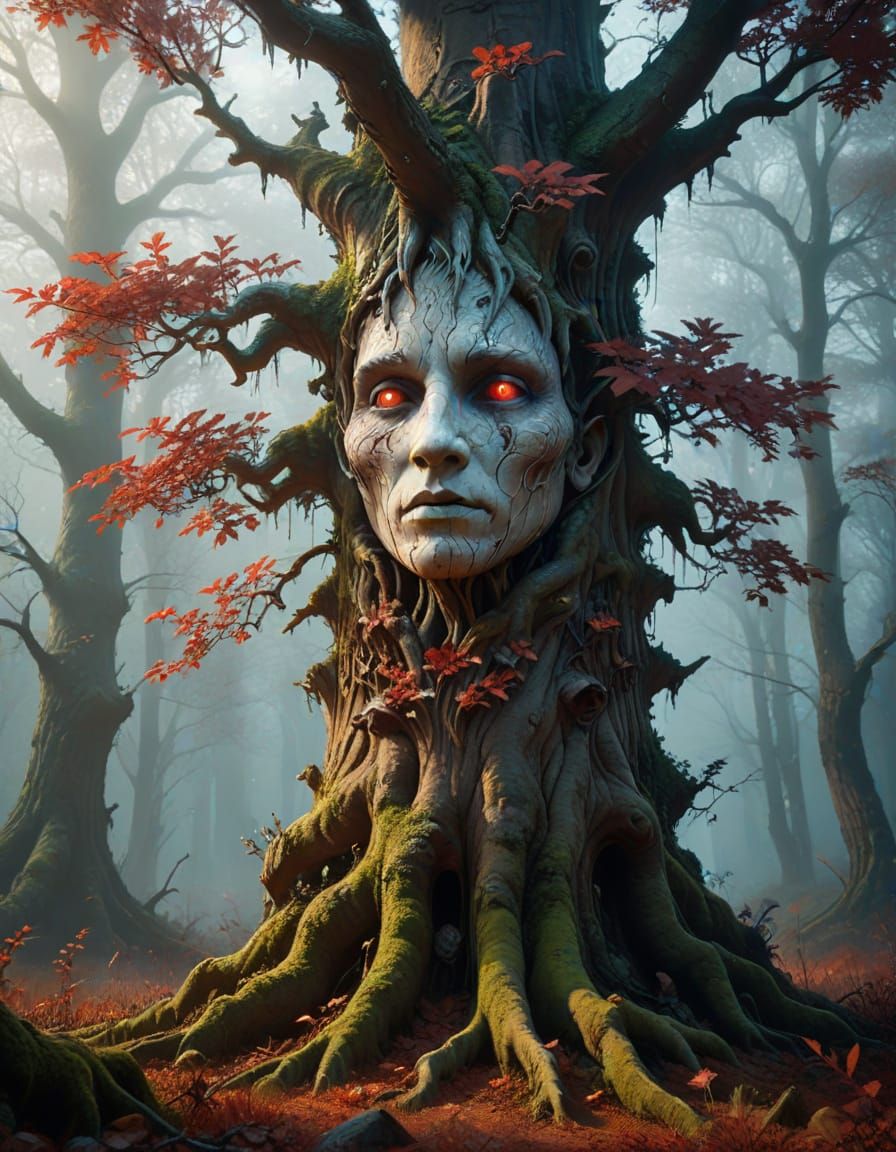 Enchanted Weirwood Tree in a Misty, Dreamlike Forest