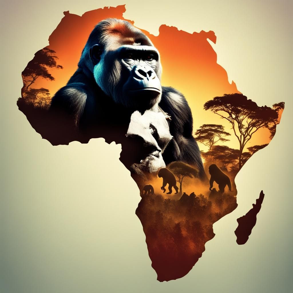 Double Exposure: Africa Map, Gorilla, Jungle Sunset