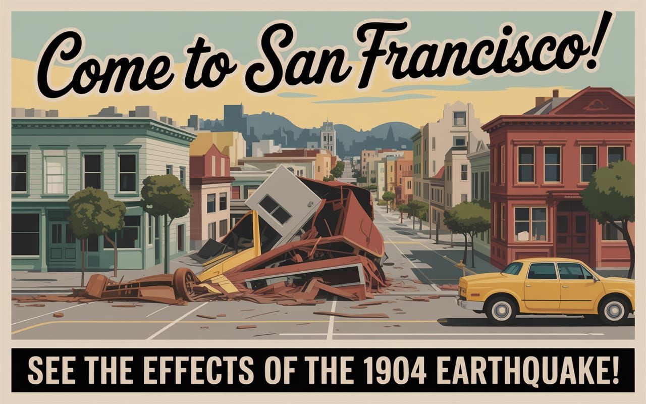 A 1960’s style Travel Poster advertising the 1904 San Francisco Earthquake.