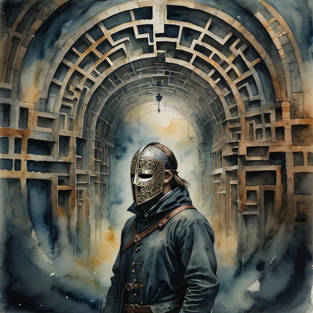 Man in Iron Mask: Watercolor Art Nouveau Portrait