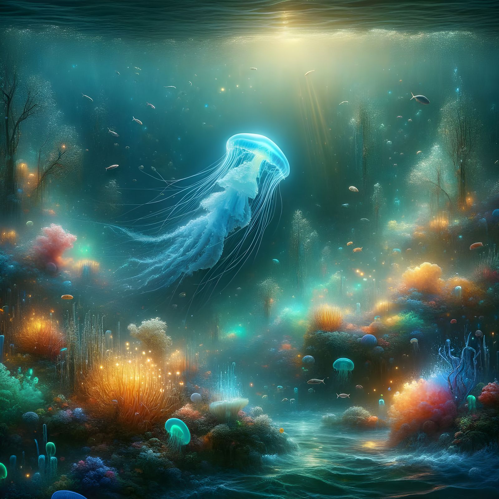 Bioluminescent Jellyfish in Underwater Forest, Romantic Styl...