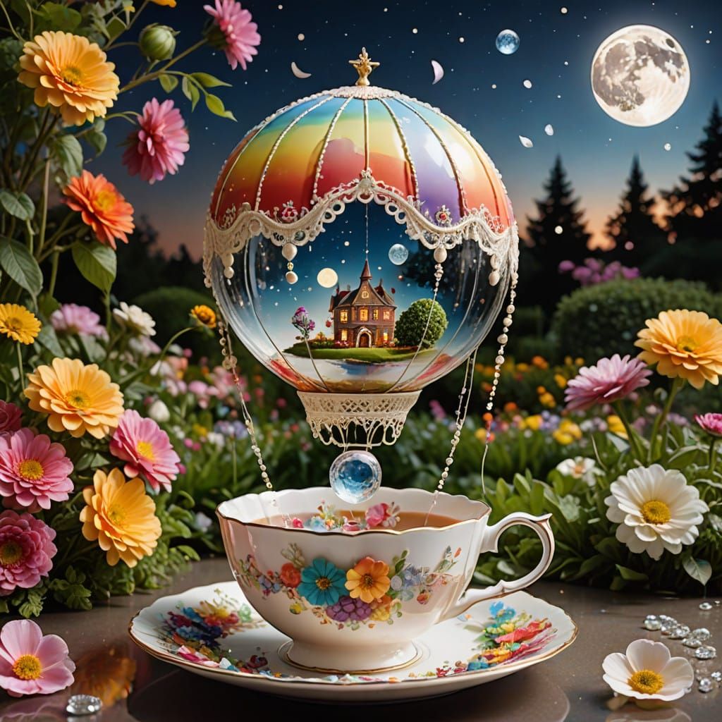 Ethereal Hot Air Balloon Soars Above Elegant Tea Cup