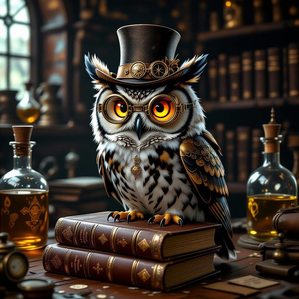 Steampunk Owl on Spellbooks in Victorian Laboratory