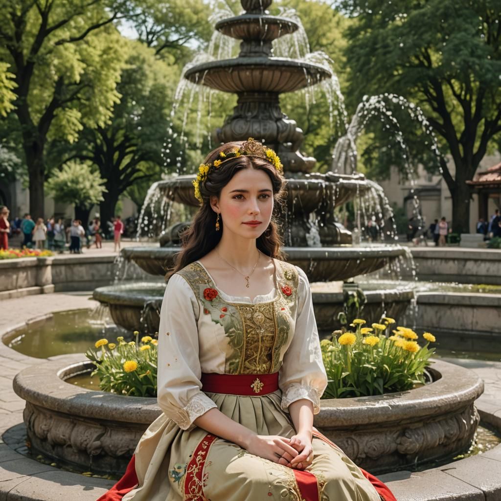 Princess with Dandelion Crown and Empress by Fountain