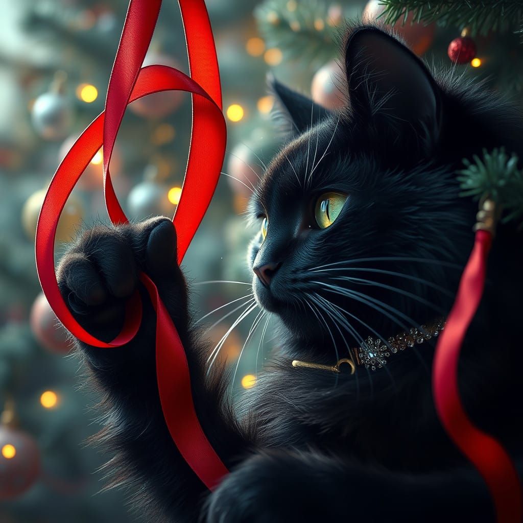 Whimsical Cat Enchanted by Christmas Ribbon in Vibrant Holid...