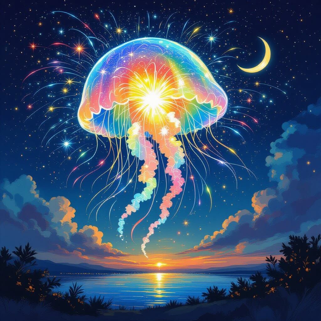 Fantastical Jellyfish Fireworks Display in Starry Night Sky