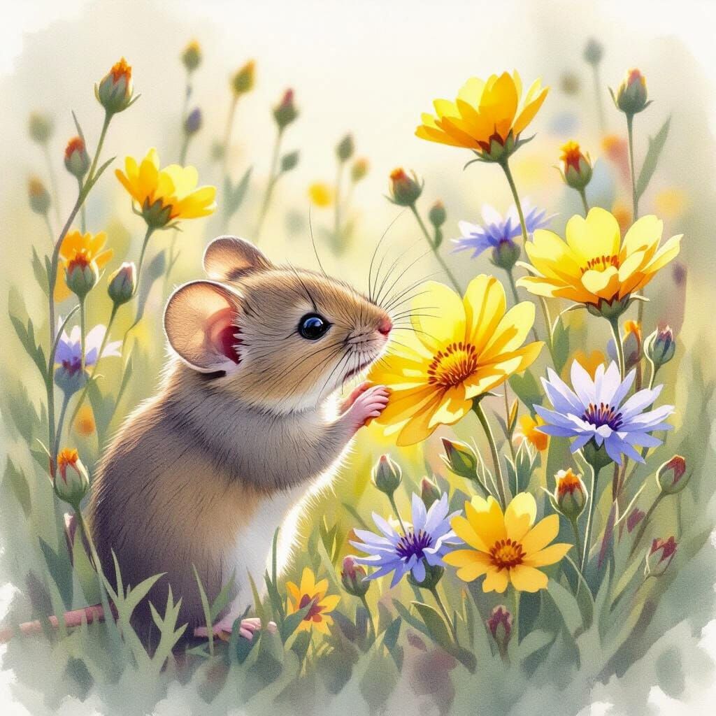 Whimsical Watercolor Mouse Among Vibrant Wildflowers