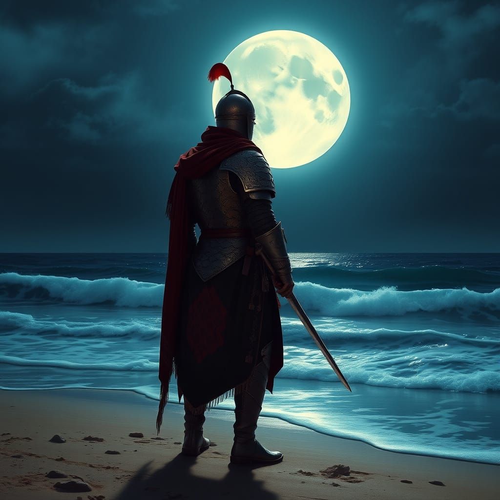 Mamluk Warrior on Moonlit Beach in Baroque Style