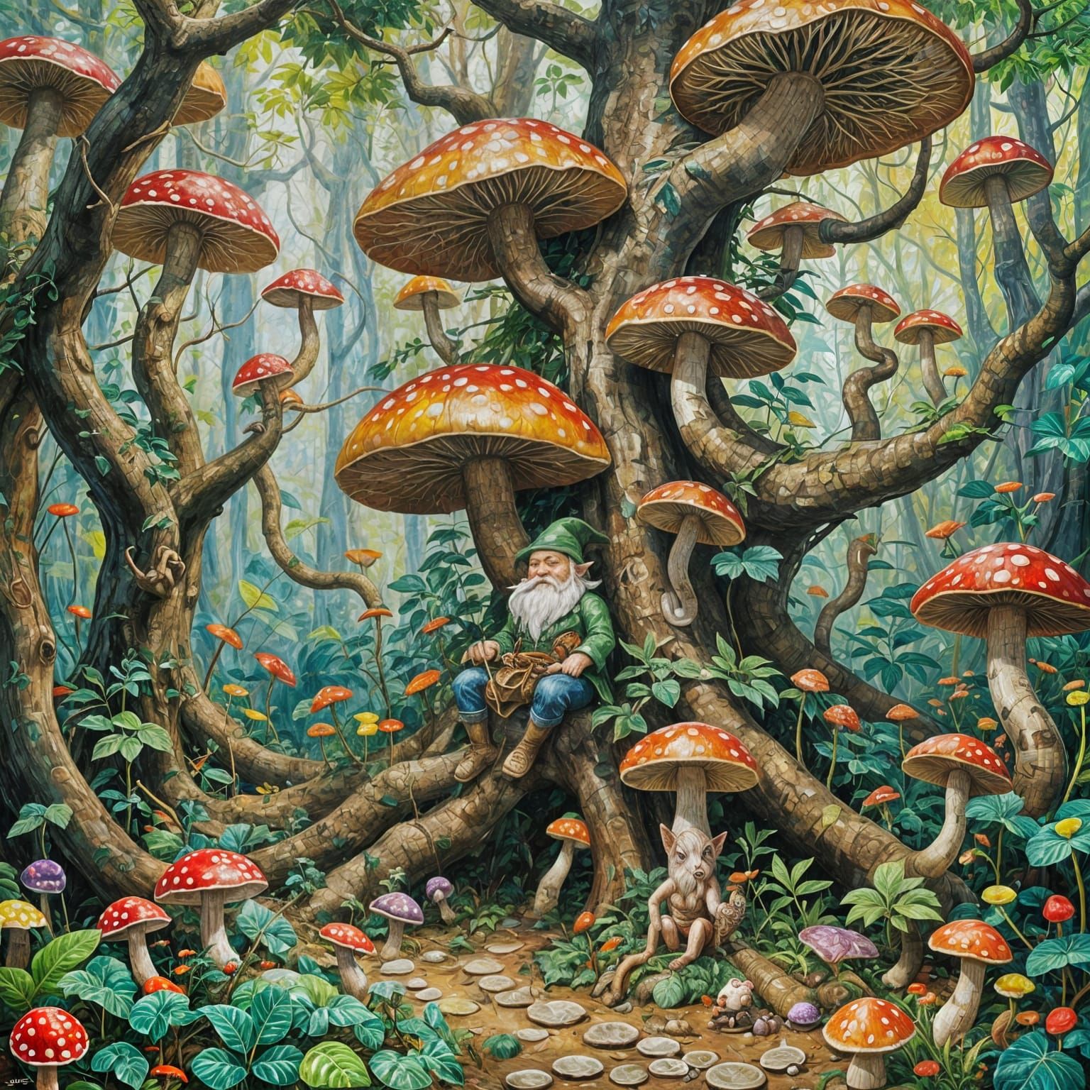 Gnome Resting Under Money Tree: Expressionist Oil Painting