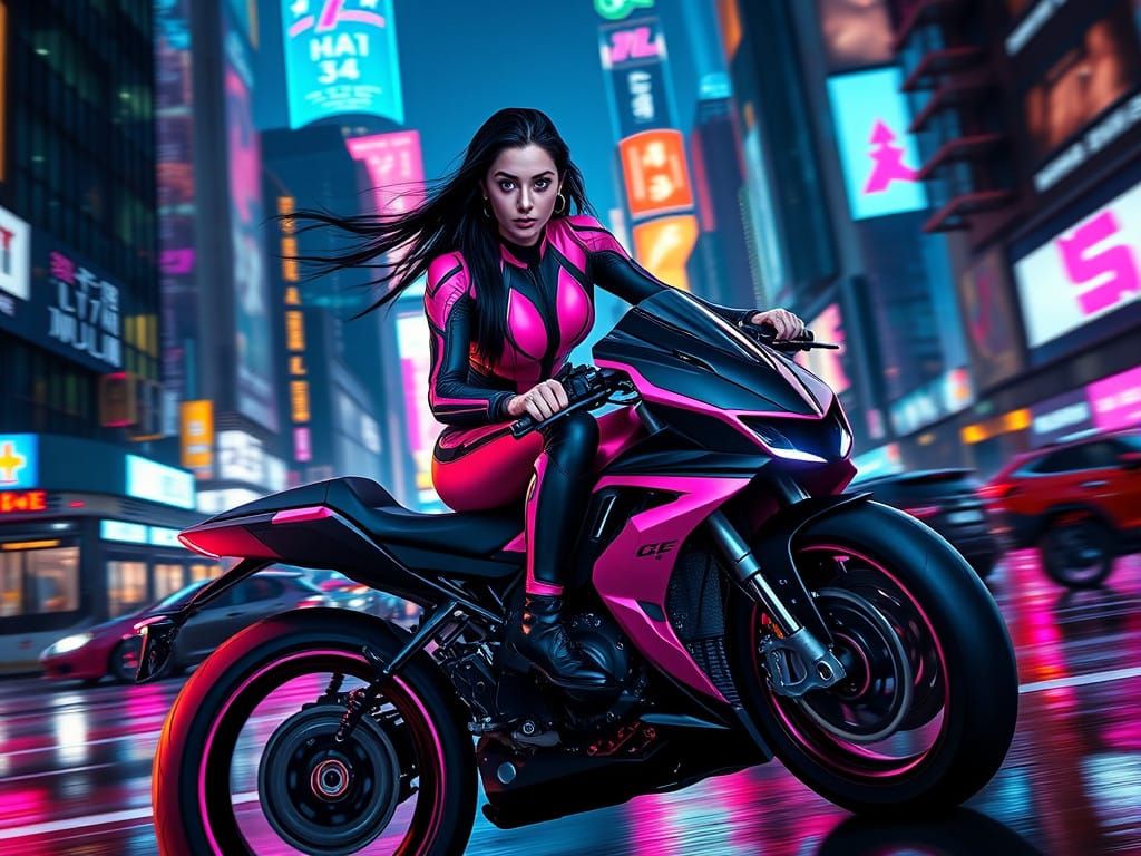 Cyberpunk Cityscape with Fierce Female Biker