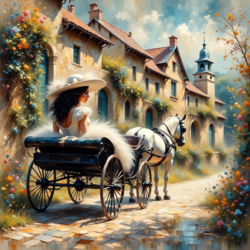 Elegant Woman in Carriage, Impressionist Painting Style