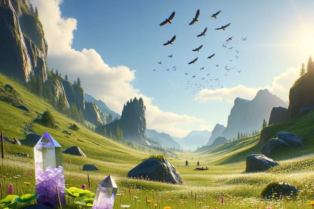 Sunlit Valley with Amethyst Crystals in 8k