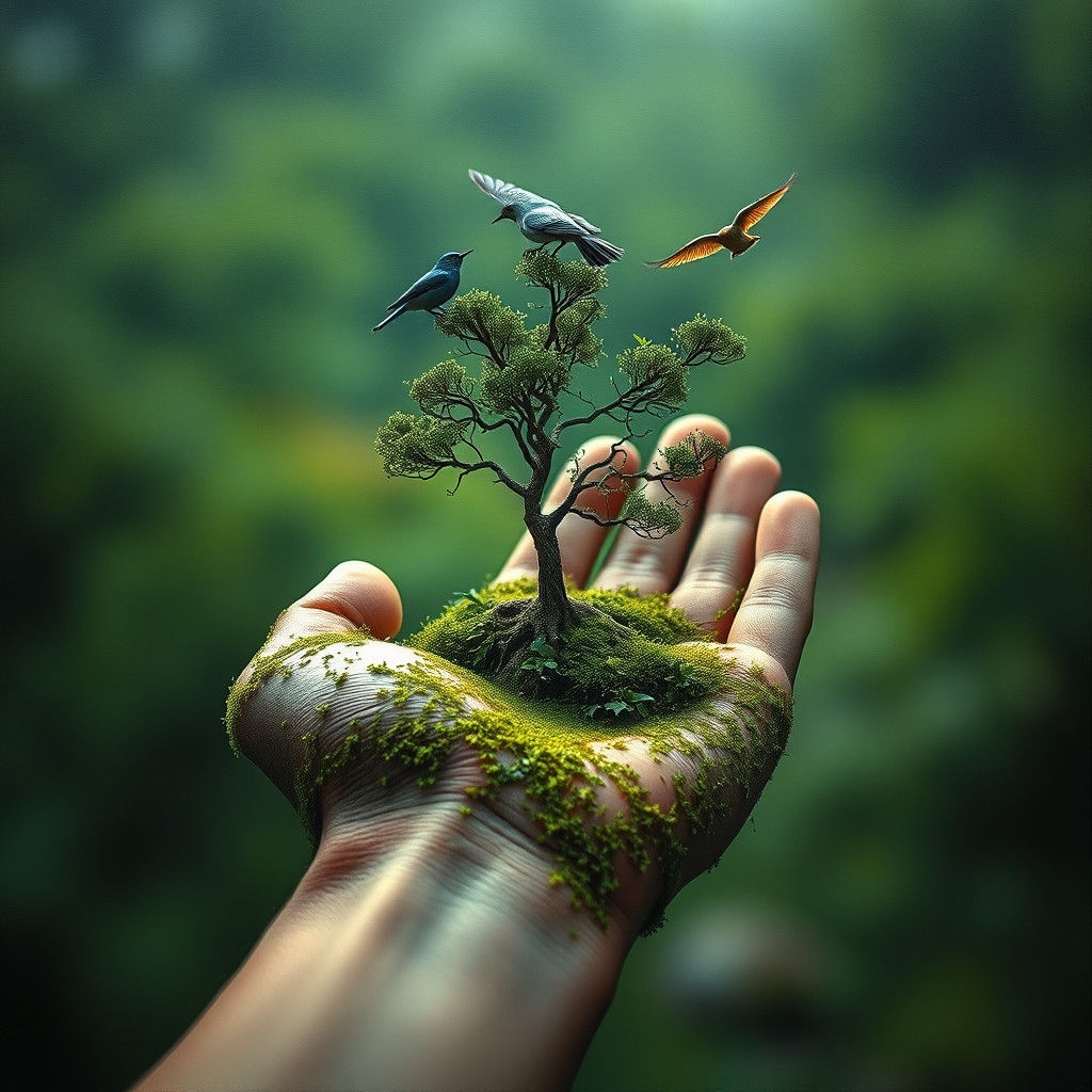 Tenebrism Style Hand Holds Ground with Tree