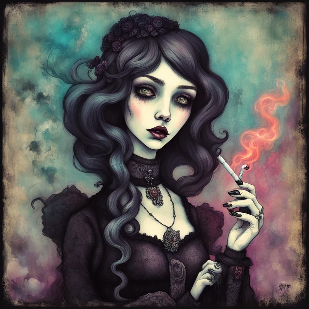 Gothic Girl Smoking in Pop Surrealism Style